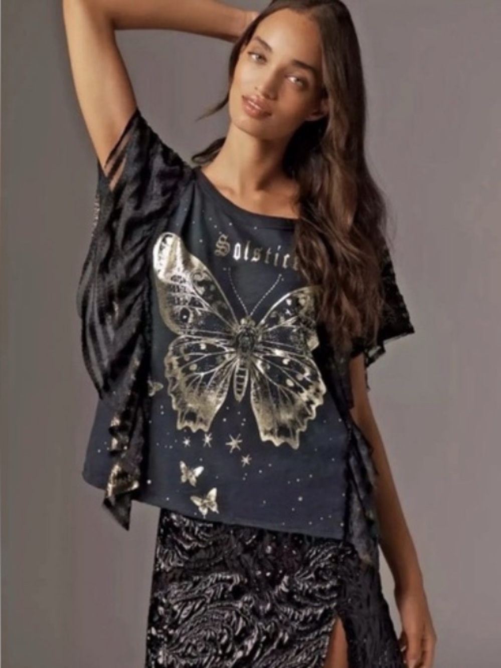 Pilcro Black Tee with Metallic Gold Butterfly and Ruffle Sleeves
